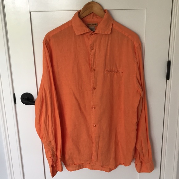 Natural Blue Melon Coral Orange Linen Shirt Large - Picture 1 of 10
